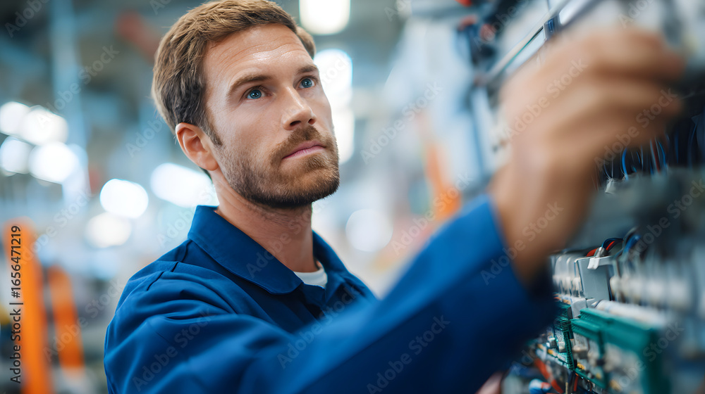 Fototapeta premium A clean-shaven technician man in a blue uniform carefully examines and repairs an industrial system