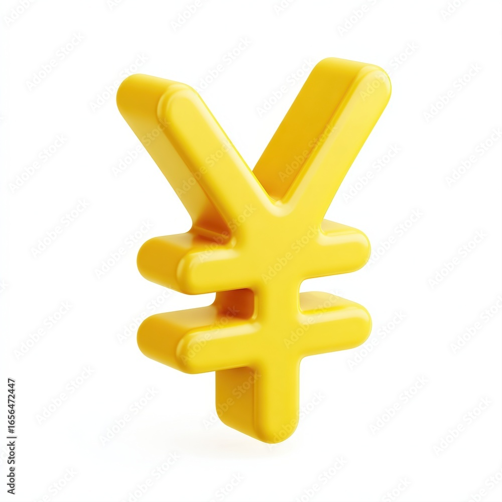Obraz premium A bright yellow yen symbol on a white background represents currency and finance, ideal for financial articles, economic discussions, or investment concepts, Enhance your visuals with this image,