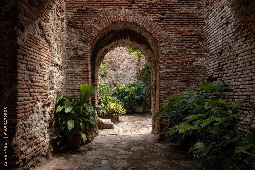Obraz premium Ancient brick archway garden interior
