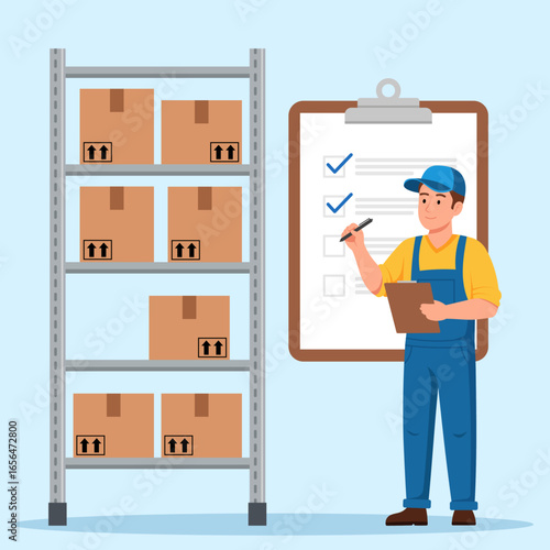 Illustration of a worker checking inventory in a warehouse, symbolizing stock control, logistics, and supply chain management.