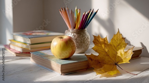 Apple, Stacked Books, Colored Pencils & Yellow Maple Leaf on White Table: Minimalist Style with Bright Colors and Strong Light & Shadow