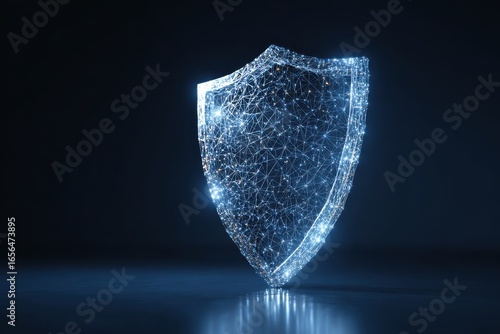 3d Futuristic glowing low polygonal guard shield symbol isolated on dark blue background. Cyber security. data protection concept. Modern wireframe design vector illustration