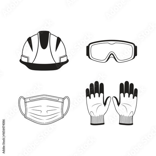 Essential personal protective equipment vector icon set Apd 1-01.eps, featuring safety helmet, goggles, face mask, and gloves for industrial use.