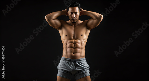 Muscular handsome man with perfect six pack abs posing on a black background