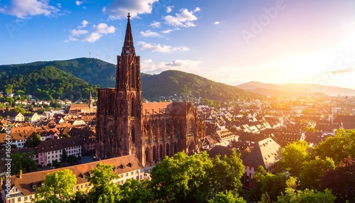 Panoramic view of a European city at sunset, featuring a prominent cathedral