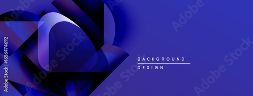 Abstract blue shapes create dynamic composition. Gradient background adds depth, modern feel. Text indicates design element.