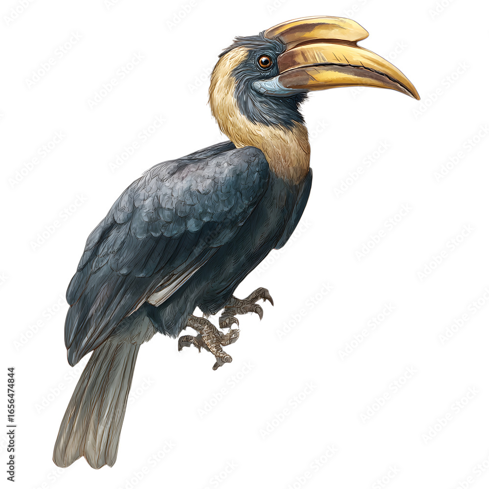 Obraz premium Hornbill: Large-billed bird with a casque on its beak, isolated on a transparent background. --v 7.0