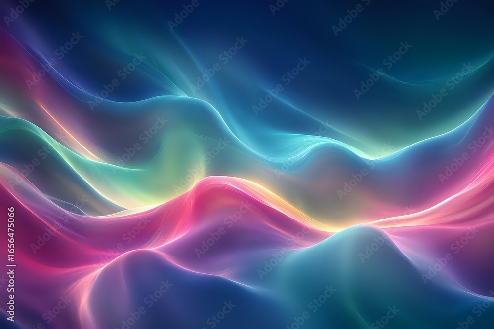 Obraz premium Vibrant flowing waves of colorful light creating abstract aurora-like pattern with neon pink, blue, and green glowing curves against dark background for creative design projects.