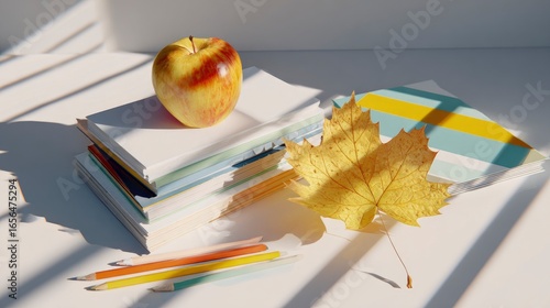 Apple, Stacked Books, Colored Pencils & Yellow Maple Leaf on White Table: Minimalist Style with Bright Colors and Strong Light & Shadow