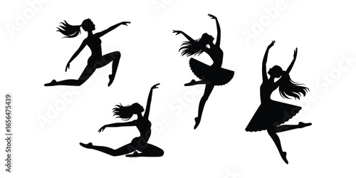Silhouettes of four ballet dancers in dynamic poses wearing tutus, showcasing graceful movement, balance, and expressive dance form