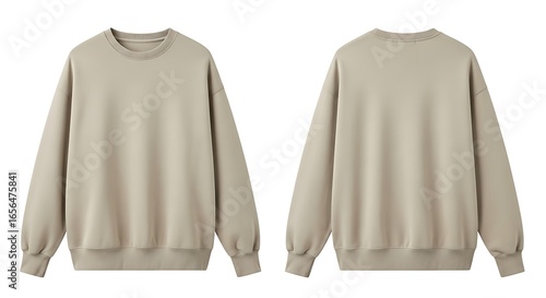 Plain beige crewneck sweatshirt, front and back view, studio shot of casual clothing for everyday wear