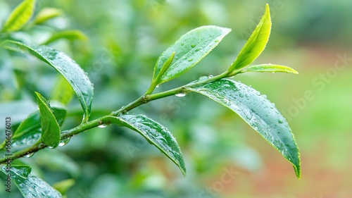 Morning dew sparkling on tea leaf bud close-up, soft natural light creating fresh green mood, suitable for wellness, eco agriculture, and design background