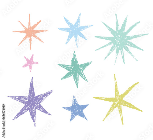 Textured crayon doodles, stars drawn with colored pencils set. Vector freehand illustration isolated on white background.
