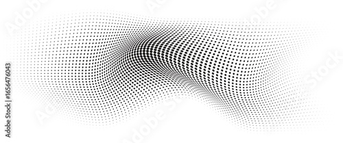 Flowing Wave Dot Halftone Pattern: Curve Gradient Shape on Transparent Background. Suitable for AI, Tech, Network, Digital, Science, and Technology Themes.