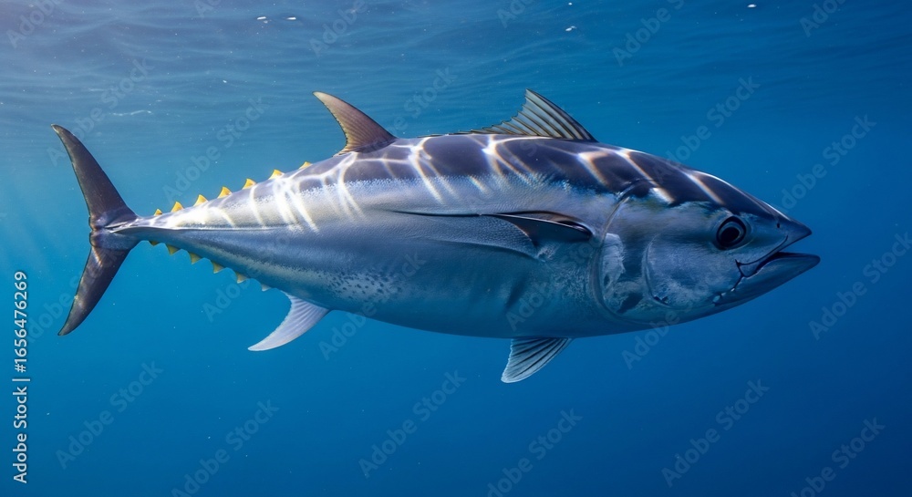 Fototapeta premium A large tuna swimming in the deep blue ocean water, a powerful marine predator.