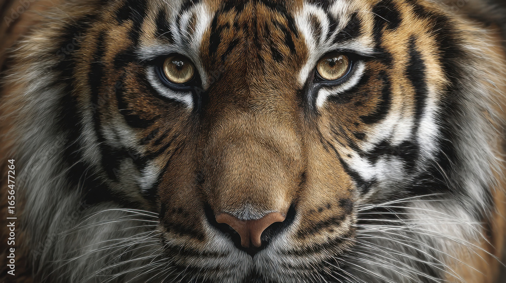 Fototapeta premium Tiger Gaze: An Intense stare of the majestic big cat tiger is framed in an intimate close-up, showing its striking features and the raw power of the wild.
