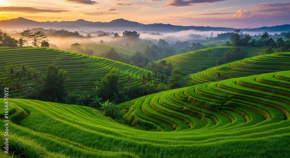 Fototapeta premium Vibrant green terraced rice fields bathed in golden morning light with misty mountains and rolling hills.