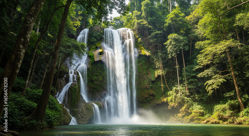 A powerful and beautiful waterfall cascades down a rocky cliff face, surrounded by vibrant green foliage in a lush forest, conveying a sense of fresh energy and the force of nature.