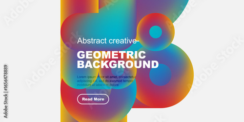 Vibrant abstract geometric background. Overlapping colorful shapes create dynamic visual effect. Text promotes further exploration.