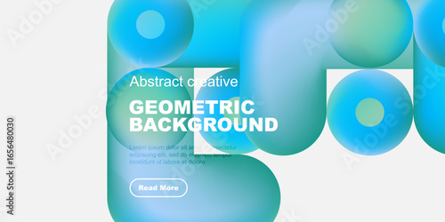 Abstract geometric background features vibrant blue, teal shapes. Text includes geometric background, plus sample lorem ipsum text, button. Minimalist design.