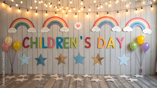 Children's day background with rainbows balloons and stars for celebration event