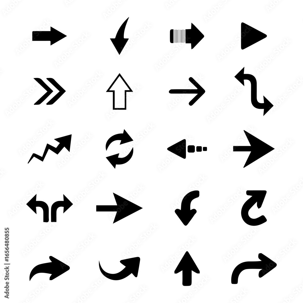 Set of 20 Unique Arrow Icons, Direction, Navigation, and Movement Symbols
