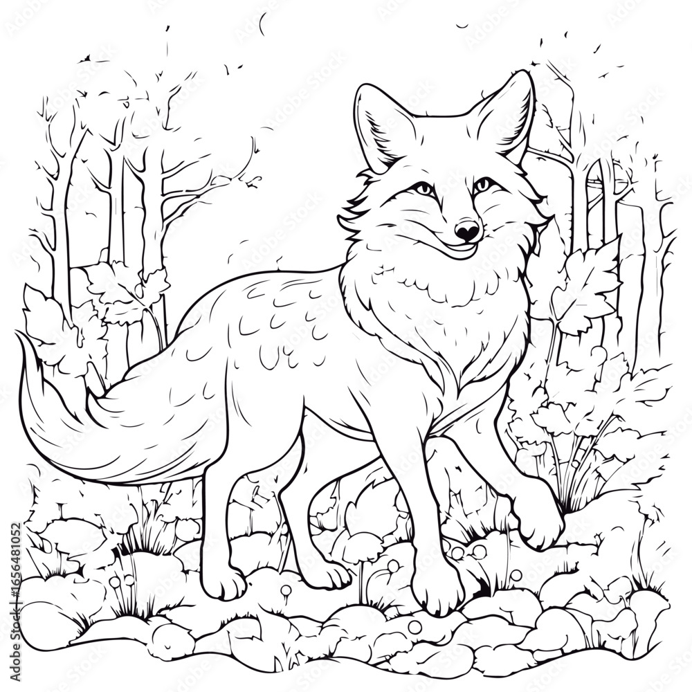Naklejka premium Coloring book for children fox Black and white vector illustration.