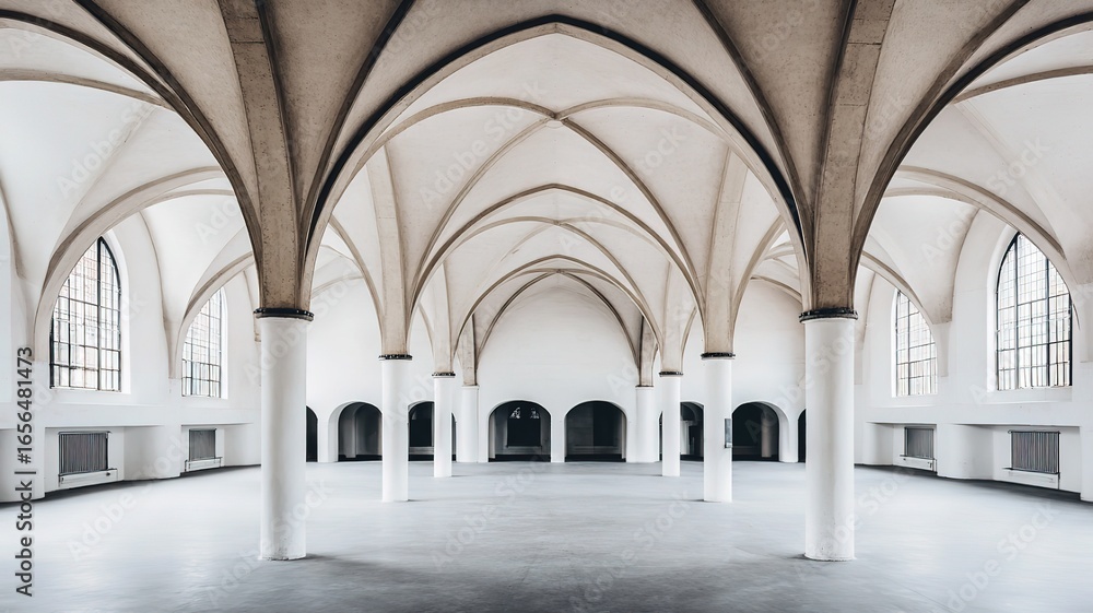 Obraz premium Soft natural light streaming through tall windows onto concrete structure, minimalist symmetrical space presenting modern aesthetic atmosphere for architectural showcase