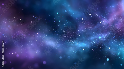 Cosmic-style bokeh light particles with deep blue and purple nebula background 