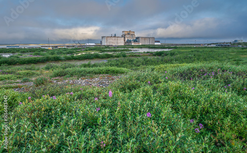 Distant view of the Port of Churchill and the Granary Pond in Churchill, Manitoba, Canada
