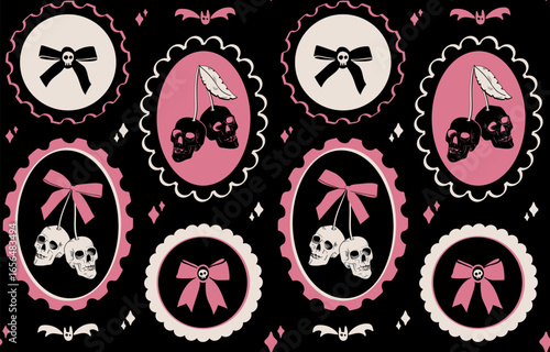 Seamless Halloween pattern with cherry-like skulls tied with bows in oval frames. Hand drawn illustration. Vintage coquette aesthetic, cute spooky design for background, wallpaper, print, fabric.