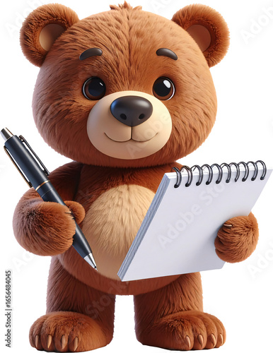 Teddy bear holding notebook and pen, ready to write, digital render