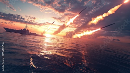 A warship at sunset launches multiple missiles, fiery trails streaking across a dramatic sky above a turbulent sea