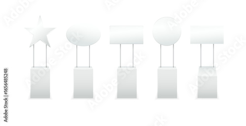 Advertising promotional stands. Realistic modern simple rack or counters multiple promotional desk with sign top clean empty promo tables with signboard white mockup. Vector