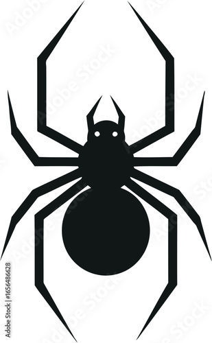 Black spider graphic hanging from a single thread against a clean white background