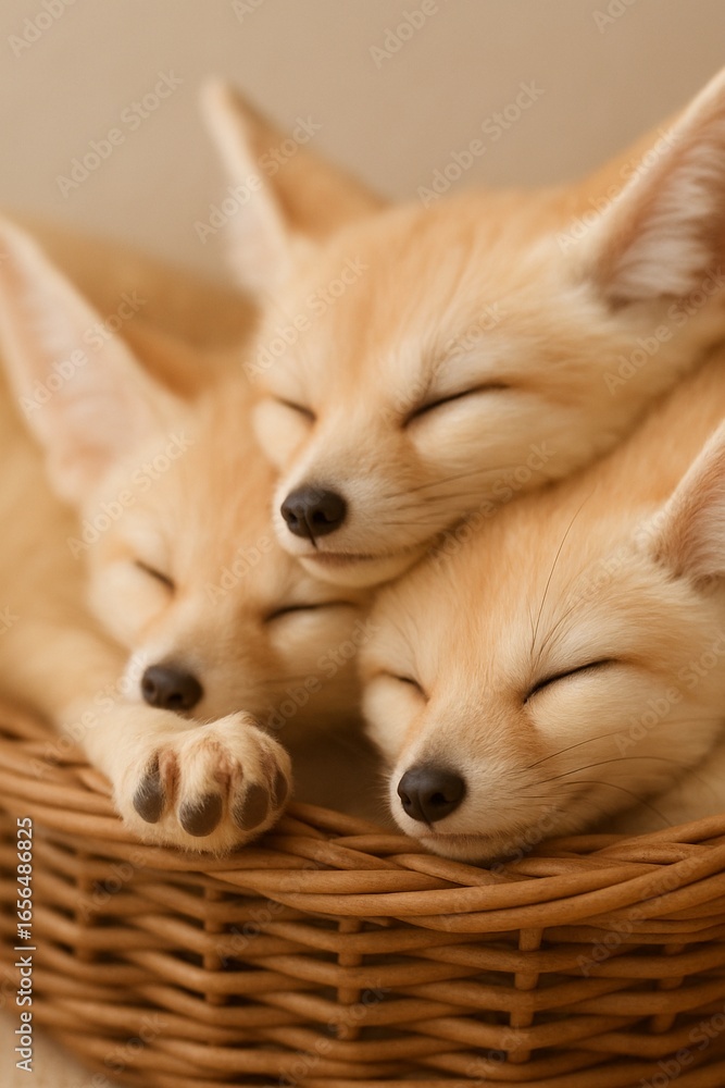 Obraz premium Adorable Fennec Fox Kits Peacefully Sleeping in a Woven Basket