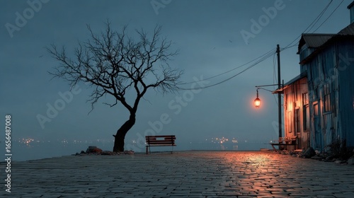 Old wooden table and dead tree silhouette at night