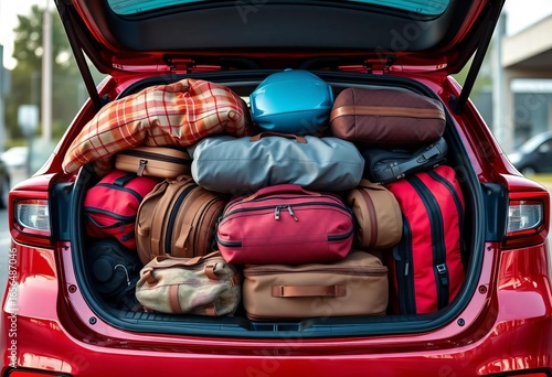 Overpacked red car trunk, travel bags, luggage overflowing,  bags,  trip