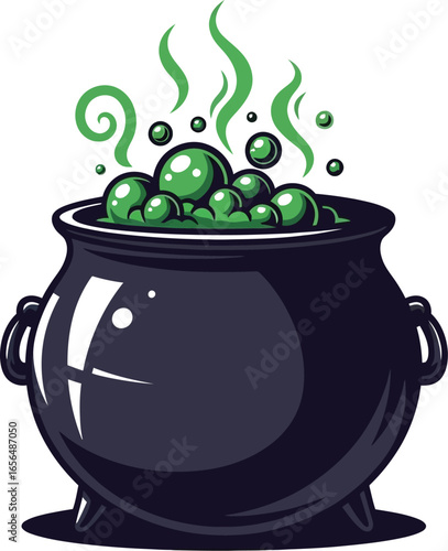 Witches cauldron bubbling with magical green potion and swirling steam