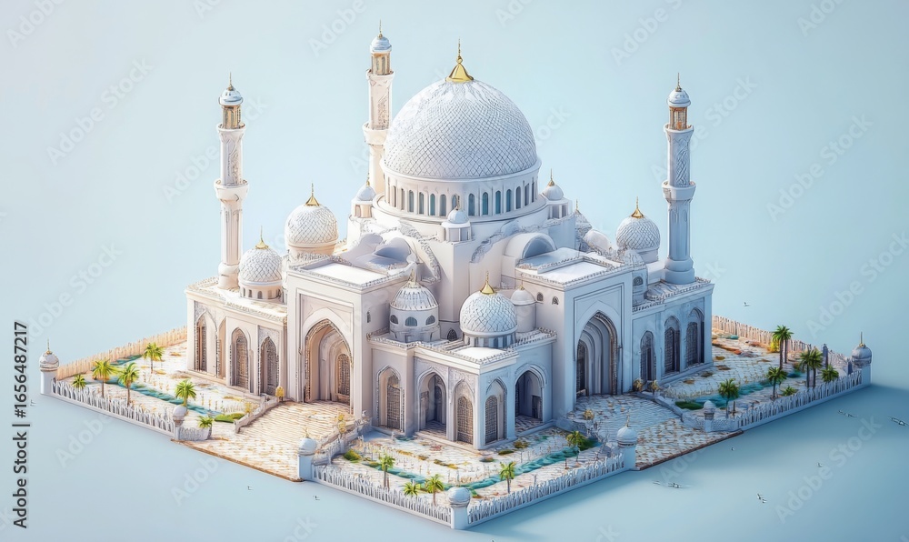 Obraz premium Isometric mosque with a large dome and minarets, intricate Islamic architecture, 3D illustration