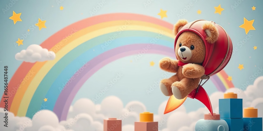 Obraz premium Cute teddy bear hot air balloon rocket soaring past rainbow, stars, clouds & building blocks, playful, magical