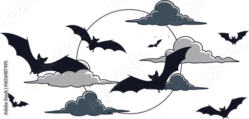 Spooky bats flutter around a full moon amidst dramatic clouds, perfect for Halloween themes.