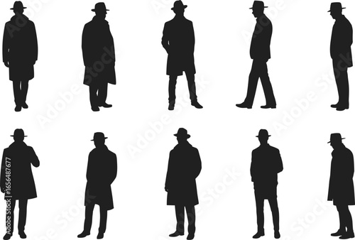 Men silhouette collection, vintage fashion style, black vector illustration, mysterious poses, trench coat outfit, detective look, noir character design.