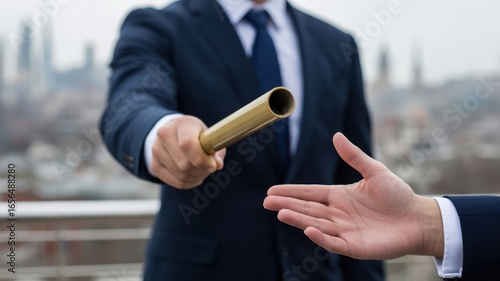 Businessmen in suits exchanging a baton in a relay