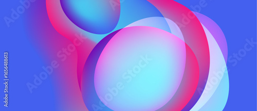 Abstract composition featuring overlapping colorful circles. Blue, pink, purple hues blend creating dynamic visual effect. Smooth gradients dominate design.