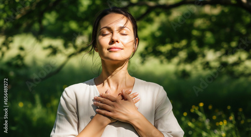 Beautiful woman basking in sunlight with hands on her heart and eyes closed, feeling grateful and peaceful in a natural environment