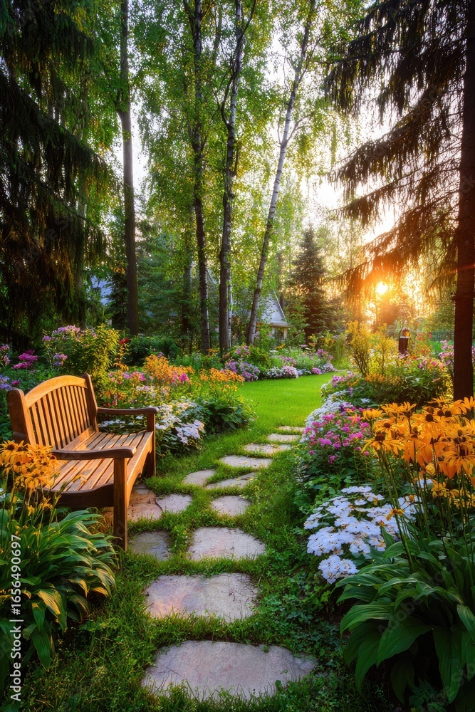 Obraz premium Colorful Garden Path With Wooden Bench At Sunset