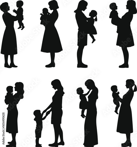 Mother and child silhouette collection, parenting concept, family bond, maternal love, nurturing moments, black vector illustration, isolated design elements.