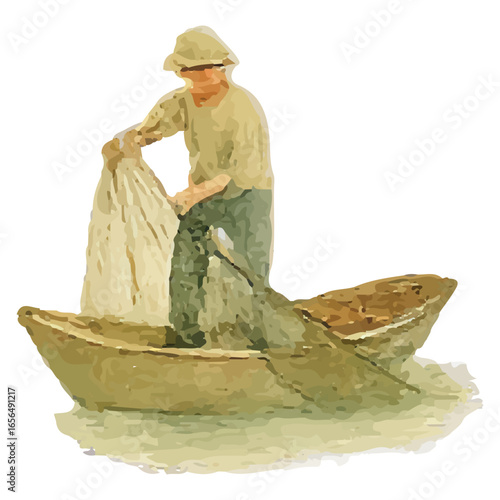 Fisherman Hauling Net on Boat Watercolor Illustration