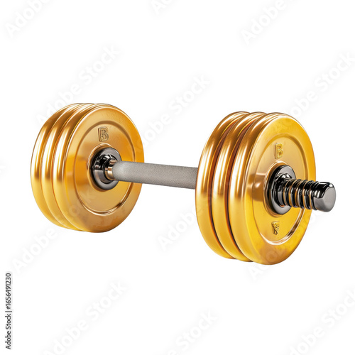 Shiny Gold Dumbbell with Metal Handle on Isolated Background Ideal for Fitness and Weightlifting Promotion transparent background